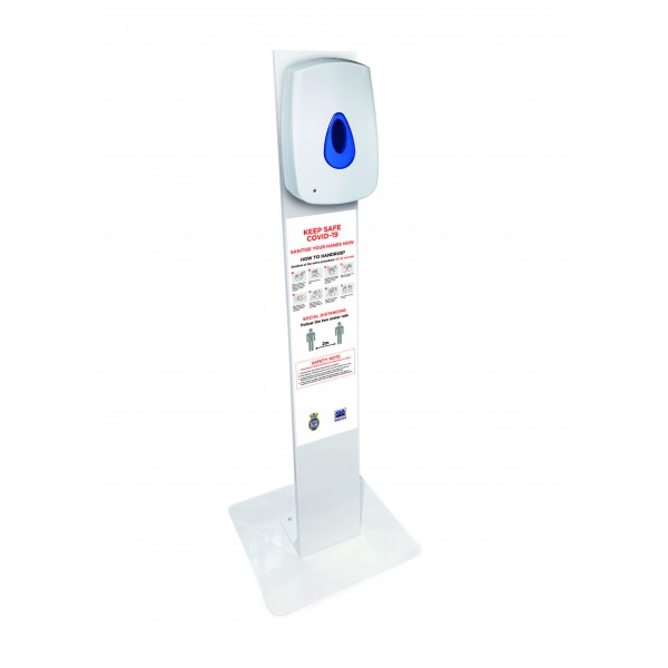 Alcohol Gel Floor Mounted Metal Stand and Touch-Free Dispenser - Supplied all-in-one with sign on stand base